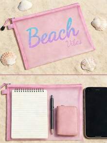 Bolsa de playa de malla impermeable y colorida con estampado impreso "Beach Vibe", temática de playa, bolsa de cosméticos transparente de gran capacidad, bolsa de almacenamiento para viajes de playa de verano, estuche de maquillaje con cremallera de nailon, ligera, puede almacenar protector solar, aperitivos, bikini y artículos esenciales de playa. Almacenamiento de primavera/verano, decoración de dormitorio, vuelta a la escuela - Multicolor - Ver 3