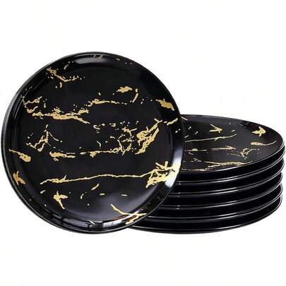 6-Piece Black Marble Ceramic Plates With Gold Rim, 8-Inch Dinner Plates Set, Oven Microwave Elegant Appetizer, Salad, And Dessert Plates Modern Dining
