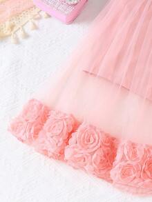 2pcs/Set Girls' 3D Rose Floral Camisole And Mesh Shorts Set, Suitable For Party And Outdoor Wear, Summer - Pink - View 7