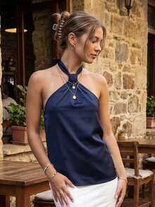 Top halter fluido para mujer, estilo veraniego, estampado de lunares/color liso, sin espalda, ideal para salir. - azul real - Ver 4