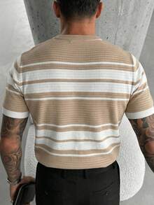 Men's Hollow Out Round Neck Short Sleeve Knit Sweater - Apricot - View 3