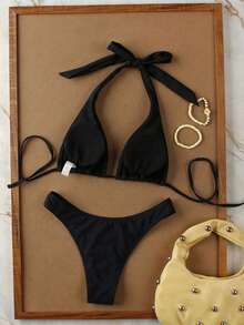 Women's Black Solid Color Beach Holiday Date Party Halter Tie Sexy Bikini And Triangle Panty Swimwear Set, Spring/Summer Vacation - Black - View 4