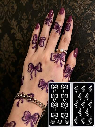 2张蝴蝶结纹身贴纸，可重复使用的花朵纹身模板套装，DIY纹身模板，适用于人体彩绘和化妆，闪光纹身设计，带有花朵蝴蝶结图案，易于使用的创意纹身模板，纹身用品，适合初学者，DIY临时纹身