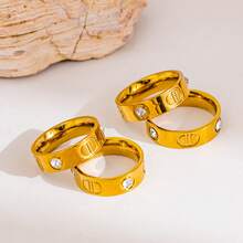 D Letter Rhinestone Ring, Minimalist Luxury Solid Band Ring, Versatile Couple Rings, Subtle Indie Style Gold Color Finger Ring, Suitable For Commute And Daily Wear - Double D Diamond Ring - View 1