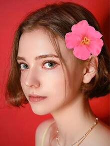 3pcs/Set Pink Hibiscus Flower Hair Clips, Tropical Floral Hair Pins, Boho Style Hair Accessories, Summer Beach Hair Clips, Hawaiian Style Hair Decor, Large Flower Hair Clips, Y2K Style Hair Clips, Cute Hair Accessories, Holiday Hair Clips, Girls Hair Clips, Teen Girls Hair Accessories, Vacation Hair Clips - Pink - View 3