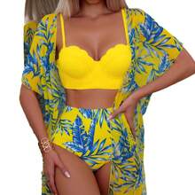 Custom Maple Leaf Print High-Waisted Slimming Bikini Swimsuit And Mesh Jacket. - Black and Blue - View 6