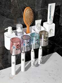 1pc No Drill Wall-Mounted Toothbrush Holder Set, Includes Rinse Cup & Toothpaste Dispenser, Bathroom Storage Rack (Product Batch Varies, Sticker Pattern & Cup Color Randomly Shipped, Does Not Affect Usage) - Multicolor - View 5