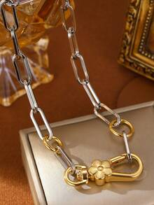 1件夏季双色金银回形针链项链花朵登山扣吊坠项链，女士Y2K日常礼物 - 雙色花朵鏈 - 查看 6