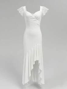 Đầm nữ thanh lịch với viền bèo nhún, thích hợp cho đám cưới và tiệc tùng, mùa xuân/hè. - trắng - Xem 3