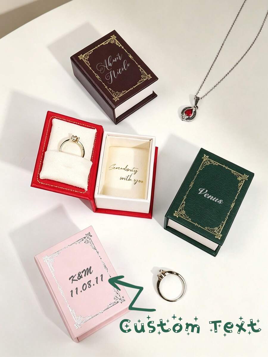 1pc Customized Book-Shaped Jewelry Box, Blue/Pink/Green Personalized Jewelry Box With Initial Letter And Date, Engagement Ring Storage Box, Elegant Necklace Earring Display Case, Customized Engagement Gift, Vintage Decor Display Box, Personalized Birthday Present - Multicolor - View 1