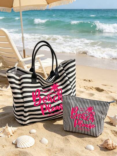 大容量黑白条纹沙滩手提包，椰树和字母印花，可折叠帆布单肩手提包，防水防沙旅行包，夏季必备单品，是海滩旅行、泳池日、购物和日常使用的理想之选，适合女性、旅行者和海滩爱好者，是春假、复活节、母亲节、度假和送礼的完美之选，耐用编织材料，多功能，可用作沙滩包、购物袋和旅行伴侣，超大容量。