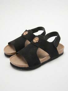 1 Pair Girls' Gold Floral Emblem Decor Faux Suede Upper, Rubber Sole With Soft Cork Midsole, Non-Slip Shock Absorbing Open Toe Hook And Loop Strap Flat Sandals, Fashionable Casual For Daily & Holiday Wear - màu đen - Xem 2