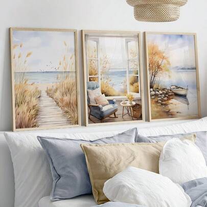 Tranh canvas vẽ màu nước phong cảnh biển, hình ảnh thuyền bè nhìn từ cửa sổ xuống cầu tàu ven biển, trang trí nội thất phong cách Boho trung tính cho phòng khách và phòng ngủ, trang trí nhà cửa ven biển hiện đại, không khung.