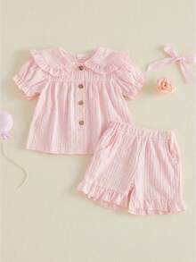 Toddler Baby Girl Summer Outfit Solid Puff Sleeve Doll Collar Button-Up Tops And Ruffled Shorts 2 Piece Set - Pink - View 1