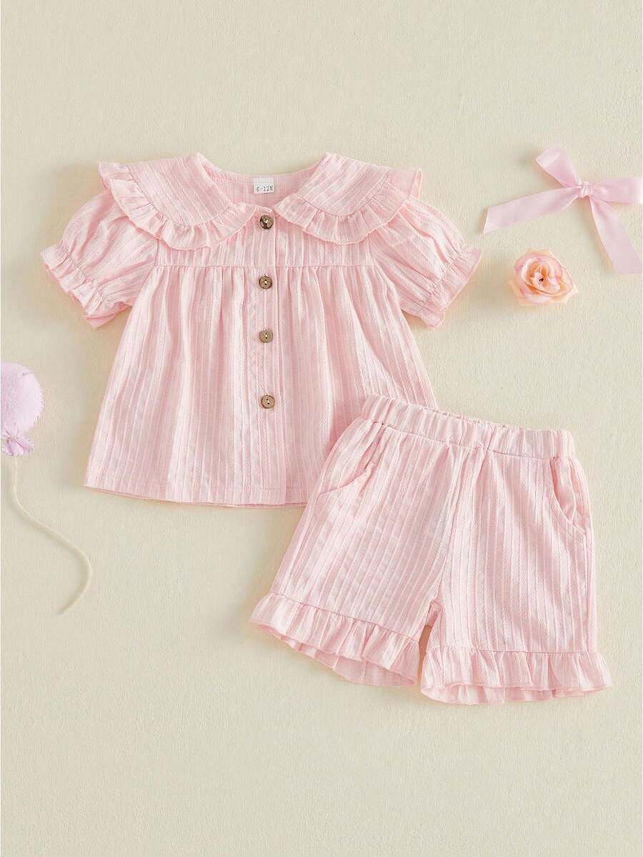 Toddler Baby Girl Summer Outfit Solid Puff Sleeve Doll Collar Button-Up Tops And Ruffled Shorts 2 Piece Set - Pink - View 1