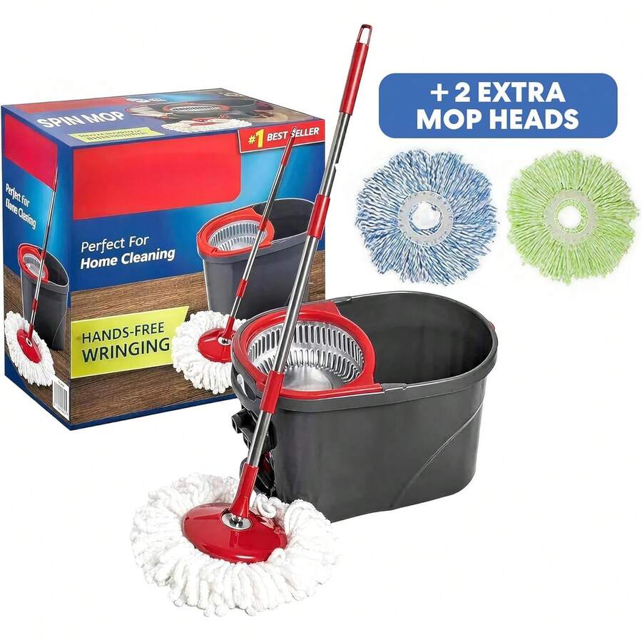 Spin Mop Cleaning System With 3 Microfiber Mop Heads, Red & Gray Or Red & Black, Efficient 360 Spinning Hardwood Or Tile, Hands-Wringing - 紅/黑 - 查看 1