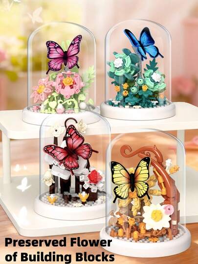 "Everlasting Flower" Micro-Particle Building Block Dome With High-Transparency Acrylic Dust Cover, Made Of ABS Resin, Warm And Healing Desktop Building Block Decor, Rational Confession Gift, Classroom Reward, Gift For Kids, Stress Relief And Creative Toy, Suitable For Valentine's Day, Easter, Mother's Day, Father's Day, Spring, Summer, Wedding Season, Graduation Season, Parties, Birthdays And Other Holidays