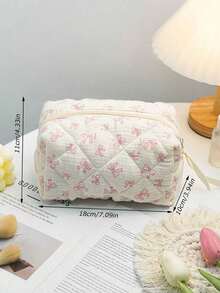 Cute Bow Make Up Bag Cute Bow Knot Pattern Toiletries Bag Travel Make Organizer Zipper Pouch, Quilted Cosmetics Bag, Stylish Foldable Commuter Makeup Bag For Brushes Aesthetic Cosmetic Bag For Gift, Friend, Girls, Student Quilted Floral Flower Zippered Makeup Bag Cute Floral Cosmetic Bag With Zipper Gift Storage Jewelry Organizer Box Bathroom Set Valentines Back To School Supplies - Pink - View 9