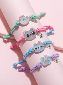 4pcs/Set Girls Cute Cartoon Glitter Acrylic Cat, Rabbit, Dinosaur Charm Elastic Bracelet - Multicolor - View 1