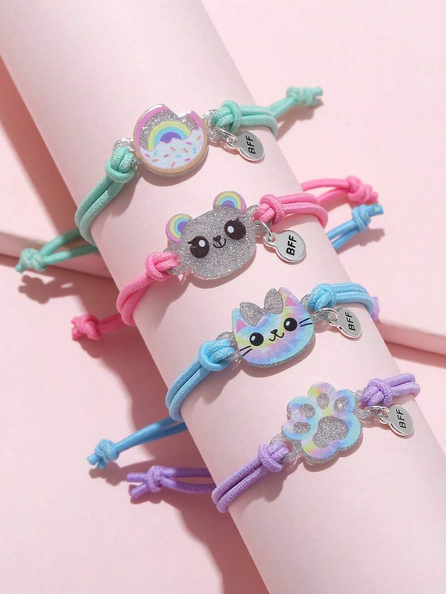 4pcs/Set Girls Cute Cartoon Glitter Acrylic Cat, Rabbit, Dinosaur Charm Elastic Bracelet - Multicolor - View 1