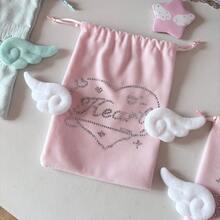 Tas Serut Beludru Kawaii dengan Sayap Malaikat, Dompet Hati Manis Berhiaskan Berlian Imitasi yang Lucu, Tas Penyimpanan Flanel Lembut untuk Kosmetik, Perhiasan, Alat Tulis & Pembungkus Kado - MultiWarna - View 12