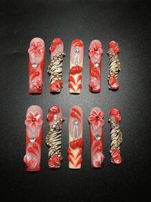 10 piezas de 5.5 cm de armadura con forma de ataúd hecha a mano, decorada con flores, cerezas, cadenas y diamantes de imitación, con pegatinas para uñas, adecuada para mujeres y niñas, Día de San Valentín, fiestas, festivales y uso diario. Accesorios para uñas, kit de uñas acrílicas, que incluye kit, arte de uñas prensadas a mano, pegatinas de uñas postizas y suministros para uñas. - Multicolor - Ver 2