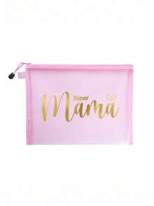 母亲节礼物网眼化妆包，金色字母“Súper Mama”网眼化妆包，创意“Mama”心形印花图案，透明拉链化妆包 - 彩色 - 查看 17