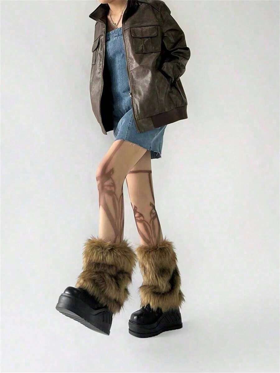 Fluffy Short Boots Cover + Plush Short Leg Warmers, Autumn Winter Leg Warmer With Fox Fur, Y2K Sweet Cool Leg Sleeve For Dancing, JK & Subculture Style CK5L 7SF9 - 黑色 - 查看 1