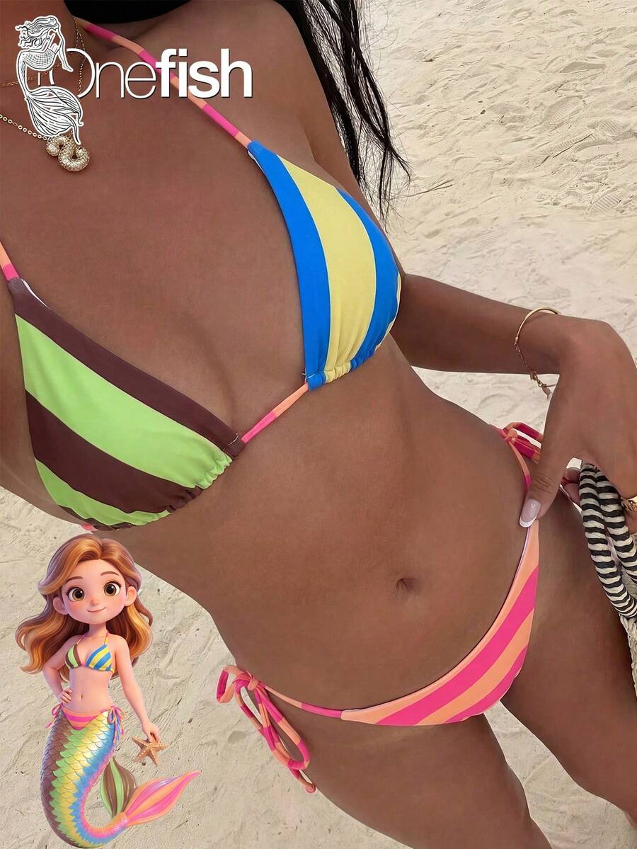 Onefish Colorblock Stripe Triangle Halter Neck Adjustable Tie Removable Padding Bikini Top Paired With Matching Tie Side Bikini Bottom Two Pieces Bikini Set Vacation Beach - Pink - View 1
