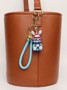 1pc New Plated Sitting Rabbit With Rhinestone Bell Braided Rope Elegant Keychain Decoration Toy Small Gift - Multicolor - View 2