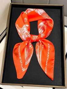 1pc Spring New Silk-Like Elegant Printed Square Scarf, Women's High-End Sunscreen Neck Scarf Suitable For Outdoor Sports, Walking, Dating, Street Dance, Travel, Photography - 亮橙色 - 查看 3
