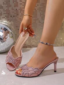 hanxiangyuzu Giày sandal cao gót dự tiệc dành cho nữ, giày cao gót hở mũi thời trang, sandal đính đá sang trọng đa năng cho đám cưới. - Hồng - Xem 10