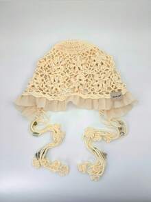 1顶手工钩编棉质硬币花开顶帽，女士珍珠流苏针织帽，轻便 - A - 查看 17