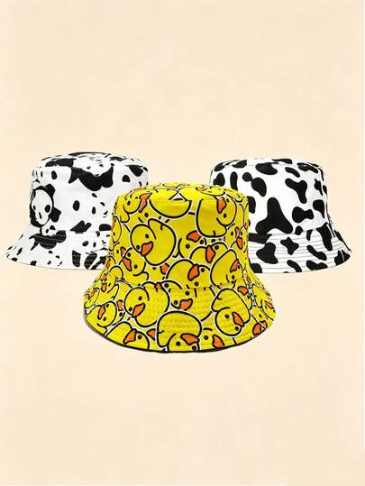 Cartoon Panda, Duck, Cow Print Bucket Hat, Unisex Casual Sun Hat, Adorable Animal Pattern Cap For Outdoor Travel Beach