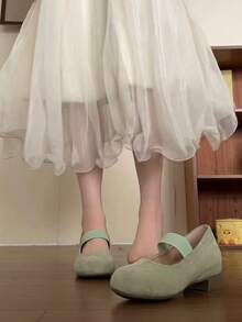 Women's Elastic Round Toe Low Heel Mary Jane Shoes, Solid Mint Green/Beige Minimalist Style, Comfortable Shock-Absorbing Thick Heel Shoes, Suitable For Daily Commute, Spring/Autumn Dating And Party Outfits - Mint Green - View 7
