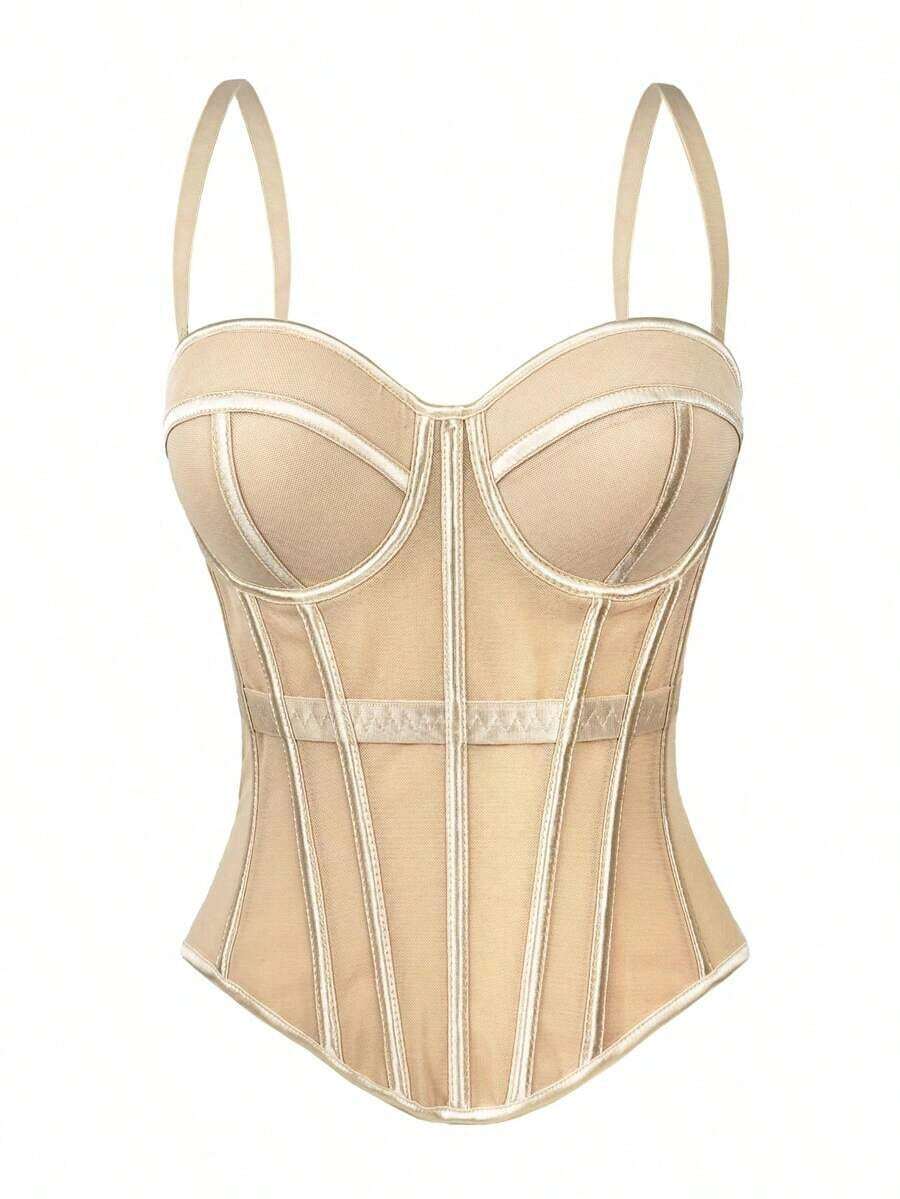 Camiseta sin espalda de malla de unicolor marrón con estilo de corsé para mujer, lencería casual de otoño/invierno negra de verano - Albaricoque - Ver 1