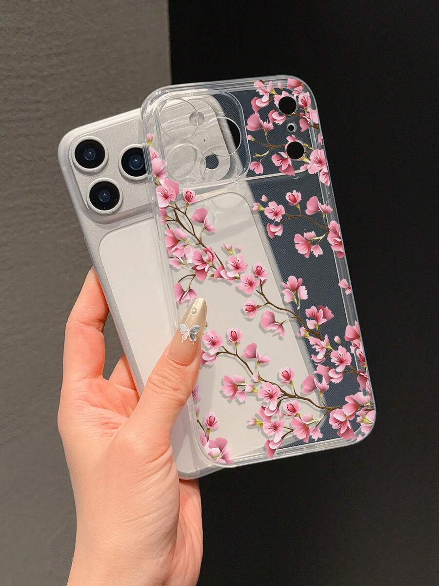 1pc Transparent Anti-Drop TPU Soft Case With UV Printed Plum Blossom Pattern - Multicolor - View 1