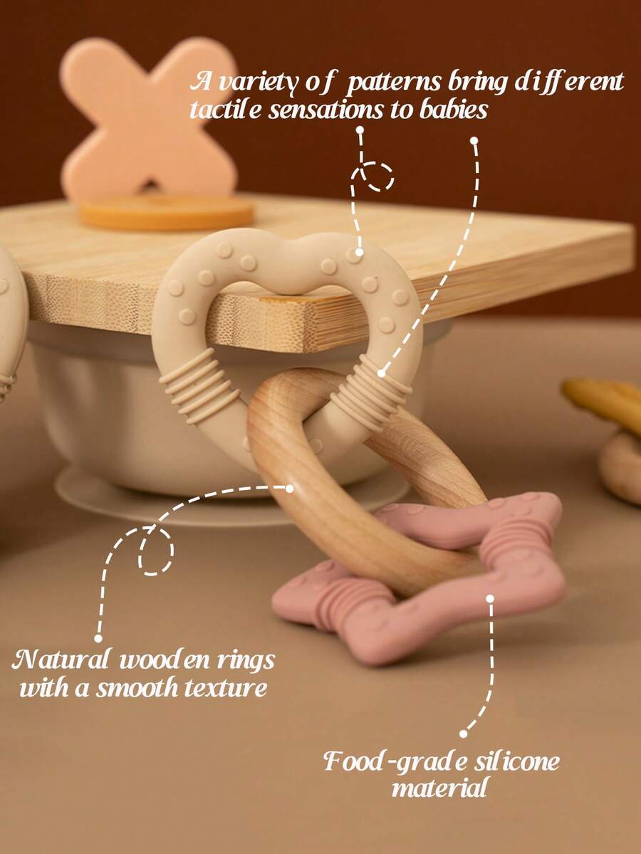 1pc Wooden Ring Silicone Baby Teether Toy, Newborn Chewing Toy, Easy-Grip Round Design - Multicolor - View 1