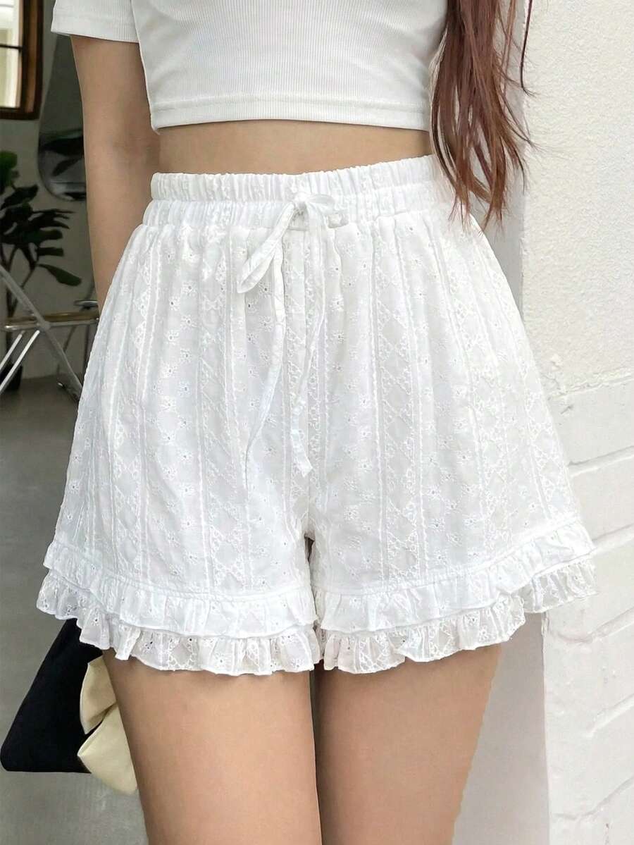 Pantalones cortos de pierna ancha con bordado y ribete de volantes para mujer - Blanco - Ver 1