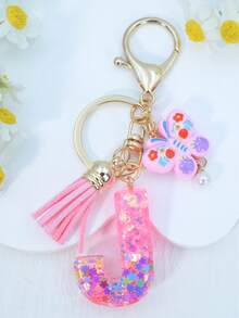 1pc Resin Letter Keychain With Butterfly & Pearl Decor, Minimalist Bag Charm, Holiday Gift For Women A-Z - Baby Pink - View 29