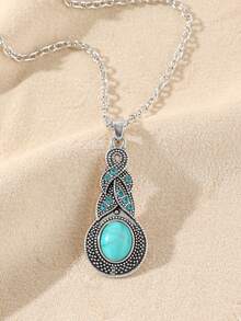TopHanqi Bộ dây chuyền đá Turquoise phong cách Bohemian, mặt dây chuyền hình hoa rỗng và giọt nước hình học đính đá, đa năng cho trang phục thường ngày, tiệc tùng, hẹn hò và các sự kiện theo chủ đề. - Nhiều màu - Xem 5