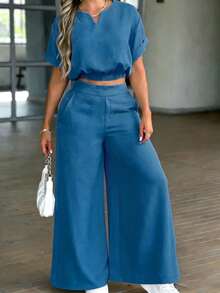 Conjunto de 2 piezas de top con escote entallado y pantalones de pierna ancha, casual y elegante para uso diario y vacaciones, primavera/verano - Naranja - Ver 6