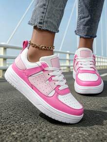 Women's Pink And White Platform Sneakers - Raw Hem Denim Style With Gold Ankle Chain For Campus Comfort, Year-Round Shoes For Women​ - Màu Hồng Tươi - Xem 4