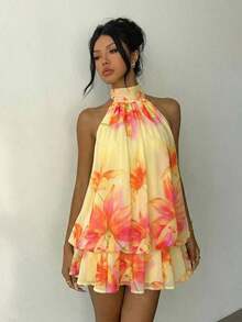 Elegant Women's Mini Dress With Halter Neck And Bow In Light Yellow - Multicolor 2 - View 6