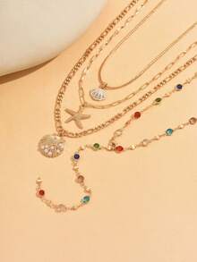 4pcs/Set Fashionable Y-Shaped Colorful Crystal Necklace, Versatile Gold Starfish & Shell Multi-Layer Necklace, Suitable For Daily Wear And Party, Chain Length And Color Order Are Random - Multicolor - View 3