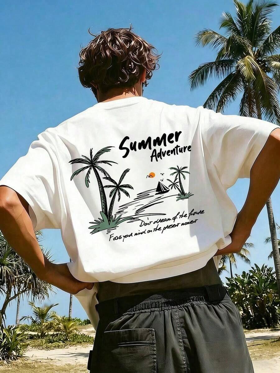 Coastal | New Men's Summer T-Shirt With Coconut Tree And Letter Print, Short Sleeve, Crew Neck, Casual Holiday Wear, 100% Cotton - 白色 2 - 查看 1
