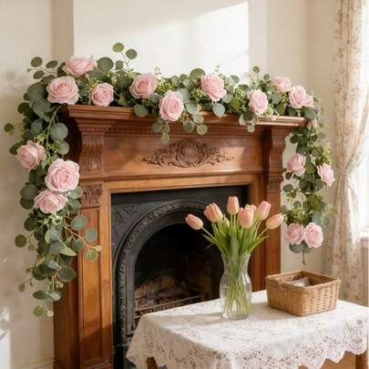 Simulated Rose Vine Interior Hanging Decoration For Home Decor. Rose Artificial Flowers For Wedding Setup. Eucalyptus Simulated Vine.