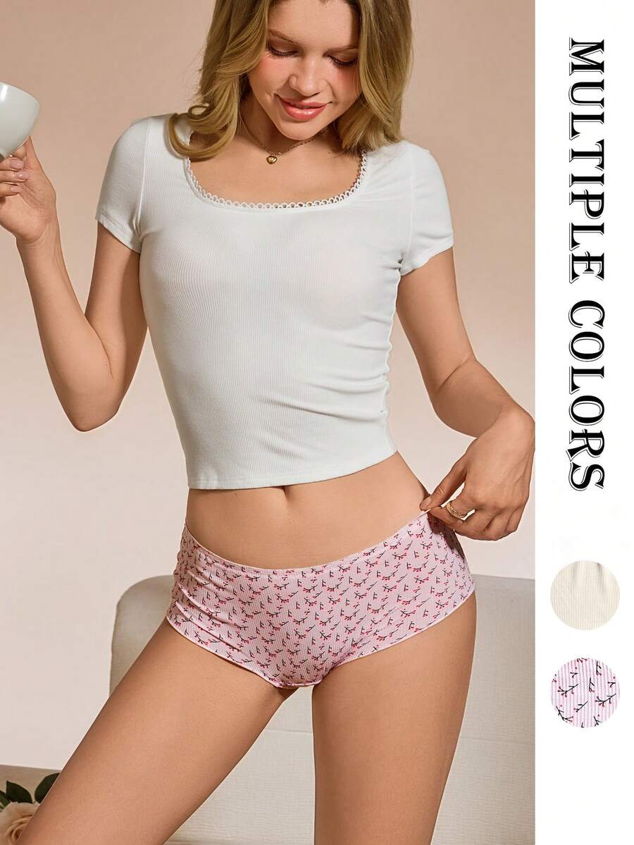 2pcs Floral Print Ruffle Mid-Waist Comfortable Breathable Women's Hipster Panties, Suitable For Yoga, Sports And Daily Wear