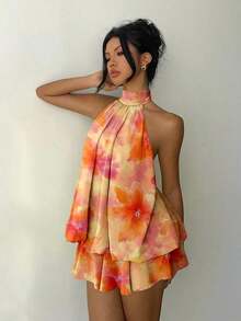 Vestido mini elegante de mujer con cuello halter y lazo en color amarillo claro - Multicolor 6 - Ver 5