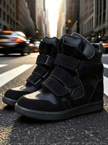 Giày thể thao cao cổ nữ, giày đế xuồng ẩn kiểu mới 2026, giày bệt mũi tròn màu đen, giày casual mùa thu/đông có khóa dán. - màu đen - Xem 3